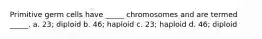 Primitive germ cells have _____ chromosomes and are termed _____. a. 23; diploid b. 46; haploid c. 23; haploid d. 46; diploid