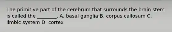 The primitive part of the cerebrum that surrounds the brain stem is called the ________. A. basal ganglia B. corpus callosum C. limbic system D. cortex