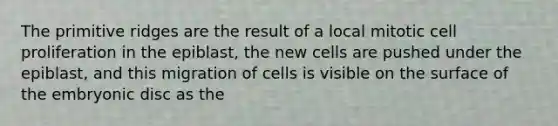 The primitive ridges are the result of a local mitotic cell proliferation in the epiblast, the new cells are pushed under the epiblast, and this migration of cells is visible on the surface of the embryonic disc as the