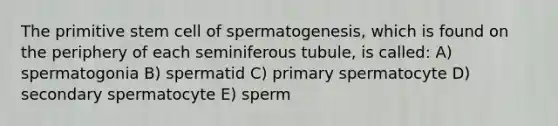 The primitive stem cell of spermatogenesis, which is found on the periphery of each seminiferous tubule, is called: A) spermatogonia B) spermatid C) primary spermatocyte D) secondary spermatocyte E) sperm