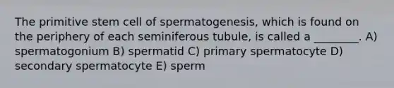 The primitive stem cell of spermatogenesis, which is found on the periphery of each seminiferous tubule, is called a ________. A) spermatogonium B) spermatid C) primary spermatocyte D) secondary spermatocyte E) sperm