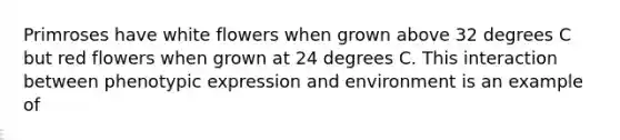 Primroses have white flowers when grown above 32 degrees C but red flowers when grown at 24 degrees C. This interaction between phenotypic expression and environment is an example of