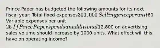 Prince Paper has budgeted the following amounts for its next fiscal year: Total fixed expenses300,000​Selling price per unit60​Variable expenses per unit25​If Price Paper spends an additional12,800 on advertising, sales volume should increase by 1000 units. What effect will this have on operating income?