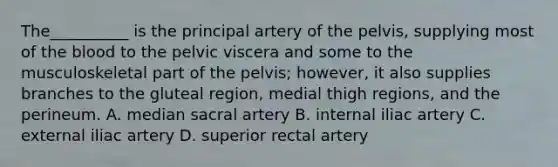 The__________ is the principal artery of the pelvis, supplying most of the blood to the pelvic viscera and some to the musculoskeletal part of the pelvis; however, it also supplies branches to the gluteal region, medial thigh regions, and the perineum. A. median sacral artery B. internal iliac artery C. external iliac artery D. superior rectal artery