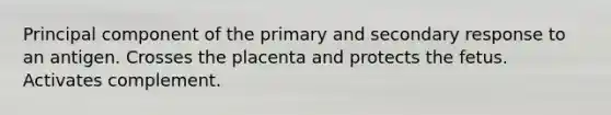 Principal component of the primary and secondary response to an antigen. Crosses the placenta and protects the fetus. Activates complement.