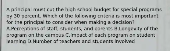 A principal must cut the high school budget for special programs by 30 percent. Which of the following criteria is most important for the principal to consider when making a decision? A.Perceptions of staff, students, and parents B.Longevity of the program on the campus C.Impact of each program on student learning D.Number of teachers and students involved