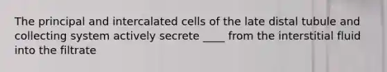 The principal and intercalated cells of the late distal tubule and collecting system actively secrete ____ from the interstitial fluid into the filtrate