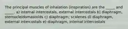 The principal muscles of inhalation (inspiration) are the _____ and _____. a) internal intercostals, external intercostals b) diaphragm, sternocleidomastoids c) diaphragm; scalenes d) diaphragm, external intercostals e) diaphragm, internal intercostals