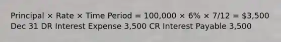 Principal × Rate × Time Period = 100,000 × 6% × 7/12 = 3,500 Dec 31 DR Interest Expense 3,500 CR Interest Payable 3,500