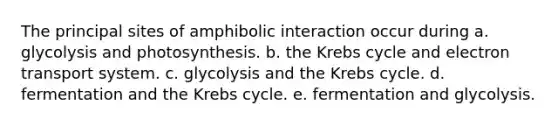 The principal sites of amphibolic interaction occur during a. glycolysis and photosynthesis. b. the <a href='https://www.questionai.com/knowledge/kqfW58SNl2-krebs-cycle' class='anchor-knowledge'>krebs cycle</a> and <a href='https://www.questionai.com/knowledge/kbvjAonm6A-electron-transport-system' class='anchor-knowledge'>electron transport system</a>. c. glycolysis and the Krebs cycle. d. fermentation and the Krebs cycle. e. fermentation and glycolysis.