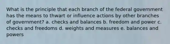 What is the principle that each branch of the federal government has the means to thwart or influence actions by other branches of government? a. checks and balances b. freedom and power c. checks and freedoms d. weights and measures e. balances and powers