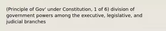 (Principle of Gov' under Constitution, 1 of 6) division of government powers among the executive, legislative, and judicial branches