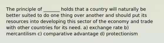 The principle of _______ holds that a country will naturally be better suited to do one thing over another and should put its resources into developing this sector of the economy and trade with other countries for its need. a) exchange rate b) mercantilism c) comparative advantage d) protectionism