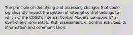 The principle of identifying and assessing changes that could significantly impact the system of internal control belongs to which of the COSO's Internal Control Model's component? a. Control environment. b. Risk assessment. c. Control activities. d. Information and communication.