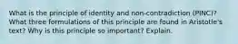 What is the principle of identity and non-contradiction (PINC)? What three formulations of this principle are found in Aristotle's text? Why is this principle so important? Explain.