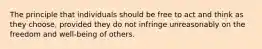 The principle that individuals should be free to act and think as they choose, provided they do not infringe unreasonably on the freedom and well-being of others.