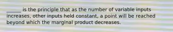 ______ is the principle that as the number of variable inputs increases, other inputs held constant, a point will be reached beyond which the marginal product decreases.