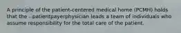 A principle of the patient-centered medical home (PCMH) holds that the --patientpayerphysician leads a team of individuals who assume responsibility for the total care of the patient.