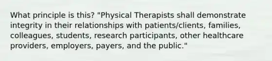 What principle is this? "Physical Therapists shall demonstrate integrity in their relationships with patients/clients, families, colleagues, students, research participants, other healthcare providers, employers, payers, and the public."