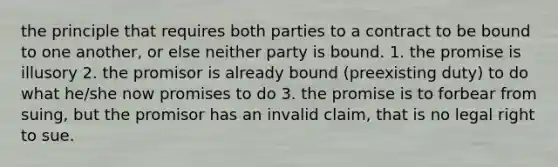 the principle that requires both parties to a contract to be bound to one another, or else neither party is bound. 1. the promise is illusory 2. the promisor is already bound (preexisting duty) to do what he/she now promises to do 3. the promise is to forbear from suing, but the promisor has an invalid claim, that is no legal right to sue.