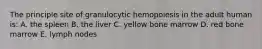 The principle site of granulocytic hemopoiesis in the adult human is: A. the spleen B. the liver C. yellow bone marrow D. red bone marrow E. lymph nodes