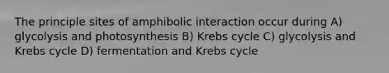 The principle sites of amphibolic interaction occur during A) glycolysis and photosynthesis B) <a href='https://www.questionai.com/knowledge/kqfW58SNl2-krebs-cycle' class='anchor-knowledge'>krebs cycle</a> C) glycolysis and Krebs cycle D) fermentation and Krebs cycle