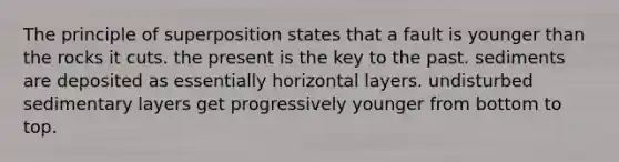 The principle of superposition states that a fault is younger than the rocks it cuts. the present is the key to the past. sediments are deposited as essentially horizontal layers. undisturbed sedimentary layers get progressively younger from bottom to top.