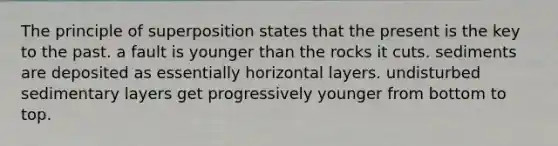 The principle of superposition states that the present is the key to the past. a fault is younger than the rocks it cuts. sediments are deposited as essentially horizontal layers. undisturbed sedimentary layers get progressively younger from bottom to top.