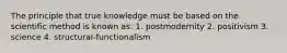 The principle that true knowledge must be based on the scientific method is known as: 1. postmodernity 2. positivism 3. science 4. structural-functionalism