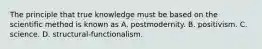 The principle that true knowledge must be based on the scientific method is known as A. postmodernity. B. positivism. C. science. D. structural-functionalism.