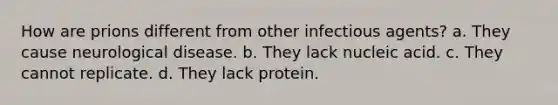 How are prions different from other infectious agents? a. They cause neurological disease. b. They lack nucleic acid. c. They cannot replicate. d. They lack protein.