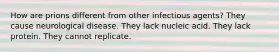 How are prions different from other infectious agents? They cause neurological disease. They lack nucleic acid. They lack protein. They cannot replicate.