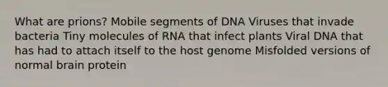 What are prions? Mobile segments of DNA Viruses that invade bacteria Tiny molecules of RNA that infect plants Viral DNA that has had to attach itself to the host genome Misfolded versions of normal brain protein