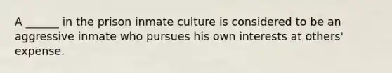 A ______ in the prison inmate culture is considered to be an aggressive inmate who pursues his own interests at others' expense.