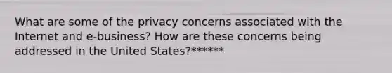 What are some of the privacy concerns associated with the Internet and e-business? How are these concerns being addressed in the United States?******