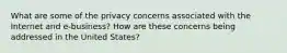 What are some of the privacy concerns associated with the Internet and e-business? How are these concerns being addressed in the United States?