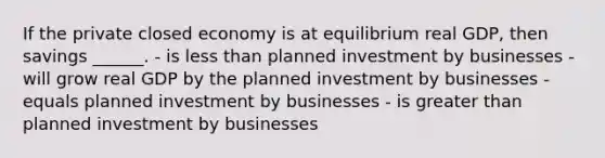 If the private closed economy is at equilibrium real GDP, then savings ______. - is less than planned investment by businesses - will grow real GDP by the planned investment by businesses - equals planned investment by businesses - is greater than planned investment by businesses