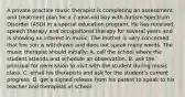 A private practice music therapist is completing an assessment and treatment plan for a 7-year-old boy with Autism Spectrum Disorder (ASD) in a special education program. He has received speech therapy and occupational therapy for several years and is showing an interest in music. The mother is very concerned that her son is withdrawn and does not speak many words. The music therapist should initially: A. call the school where the student attends and schedule an observation. B. ask the principal for permission to visit with the student during music class. C. email his therapists and ask for the student's current progress. D. get a signed release from his parent to speak to his teacher and therapists at school.