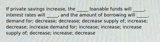 If private savings increase, the _____ loanable funds will _____, interest rates will _____, and the amount of borrowing will _____. demand for; decrease; decrease; decrease supply of; increase; decrease; increase demand for; increase; increase; increase supply of; decrease; increase; decrease