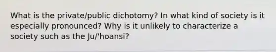 What is the private/public dichotomy? In what kind of society is it especially pronounced? Why is it unlikely to characterize a society such as the Ju/'hoansi?