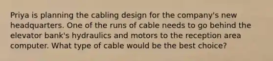 Priya is planning the cabling design for the company's new headquarters. One of the runs of cable needs to go behind the elevator bank's hydraulics and motors to the reception area computer. What type of cable would be the best choice?