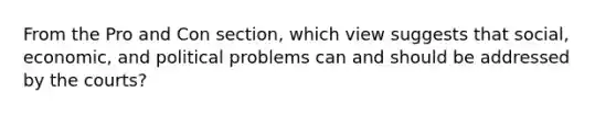 From the Pro and Con section, which view suggests that social, economic, and political problems can and should be addressed by the courts?