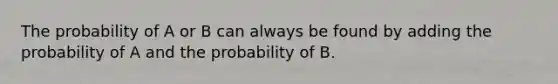 The probability of A or B can always be found by adding the probability of A and the probability of B.