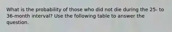 What is the probability of those who did not die during the 25- to 36-month interval? Use the following table to answer the question.