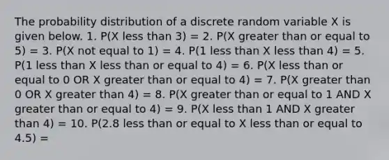 The probability distribution of a discrete random variable X is given below. 1. P(X less than 3) = 2. P(X greater than or equal to 5) = 3. P(X not equal to 1) = 4. P(1 less than X less than 4) = 5. P(1 less than X less than or equal to 4) = 6. P(X less than or equal to 0 OR X greater than or equal to 4) = 7. P(X greater than 0 OR X greater than 4) = 8. P(X greater than or equal to 1 AND X greater than or equal to 4) = 9. P(X less than 1 AND X greater than 4) = 10. P(2.8 less than or equal to X less than or equal to 4.5) =