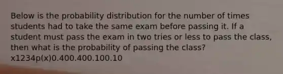 Below is the probability distribution for the number of times students had to take the same exam before passing it. If a student must pass the exam in two tries or less to pass the class, then what is the probability of passing the class? x1234p(x)0.400.400.100.10