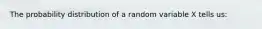 The probability distribution of a random variable X tells us: