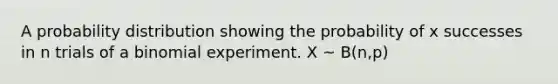 A probability distribution showing the probability of x successes in n trials of a binomial experiment. X ~ B(n,p)