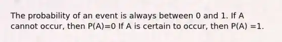 The probability of an event is always between 0 and 1. If A cannot occur, then P(A)=0 If A is certain to occur, then P(A) =1.