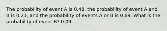 The probability of event A is 0.48, the probability of event A and B is 0.21, and the probability of events A or B is 0.89. What is the probability of event B? 0.09